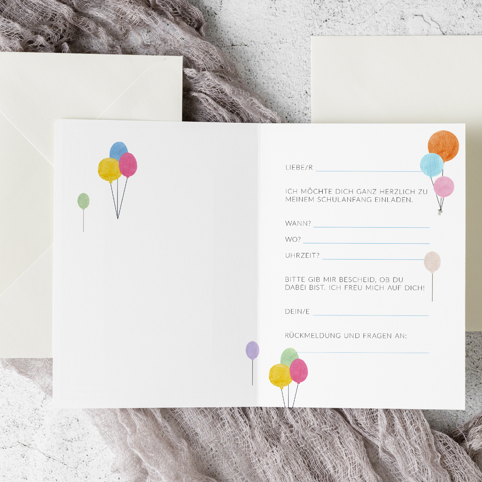 Einladung Faltkarte Schulanfang – Luftballons