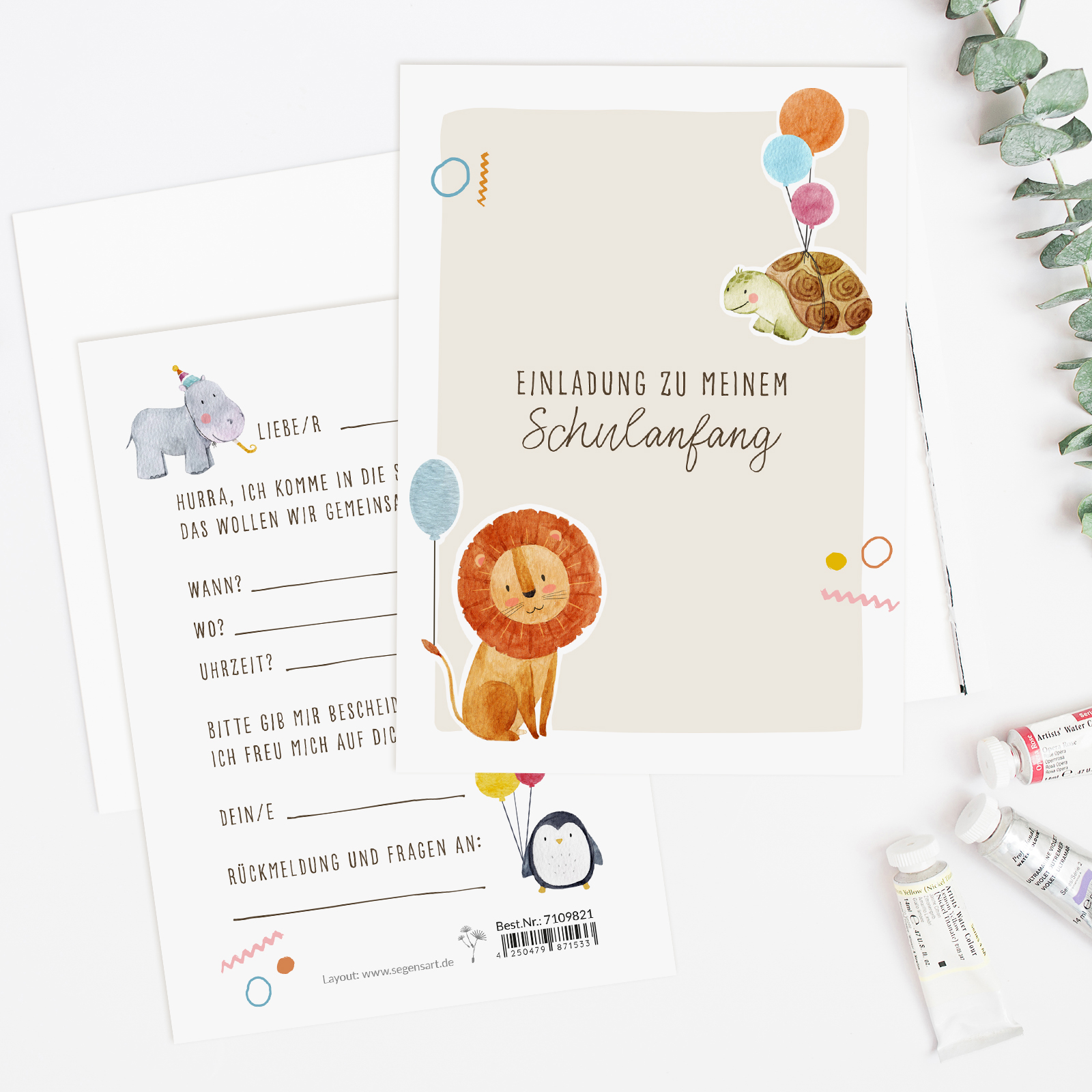 Einladung Postkarte Schulanfang – Tiere