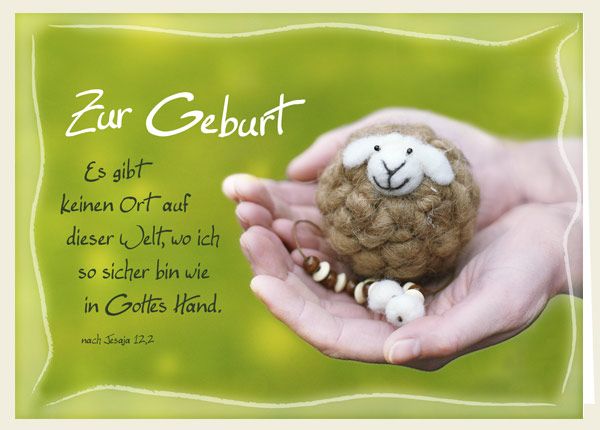 Christliche Karte mit Umschlag grün Zur Geburt mit Händen und Schaf