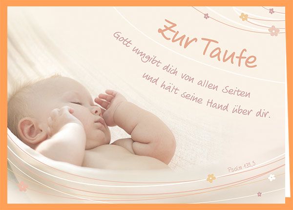 Christliche Karte mit orangem Umschlag zur Taufe Psalm 139,5 mit Baby